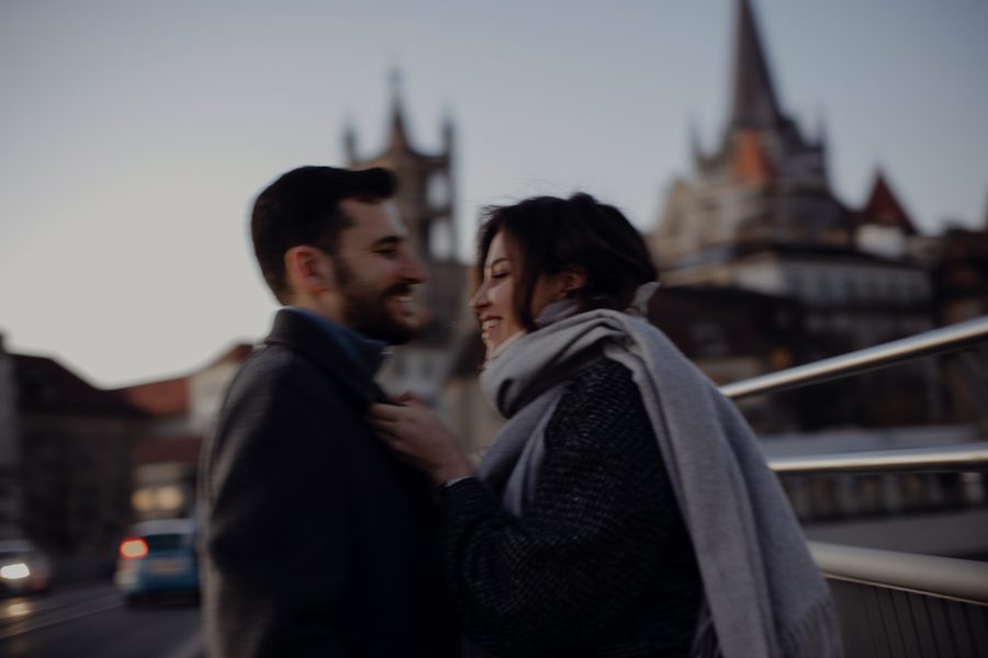 Couple portrait at sunset along the shores of Lake Geneva
